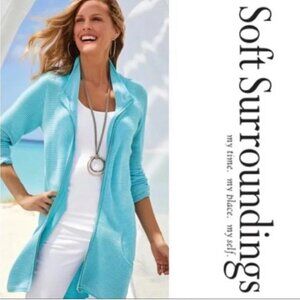 ** Soft Surroundings Blue White Corcovado Ribbed Full Zip Sweater Jacket L